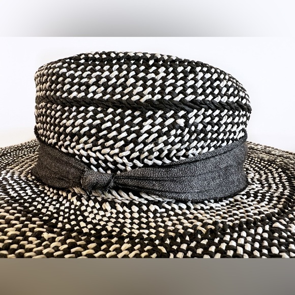 BCBG Generation black & white woven 100% Paper floppy Sun hat grey ribbon OS - Picture 2 of 10